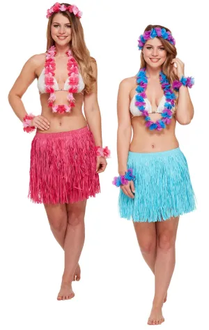 5pc Hawaiian Accessories Set Ladies Girls Hula Skirt Cuffs Headband Garland Beach Party Fancy Dress