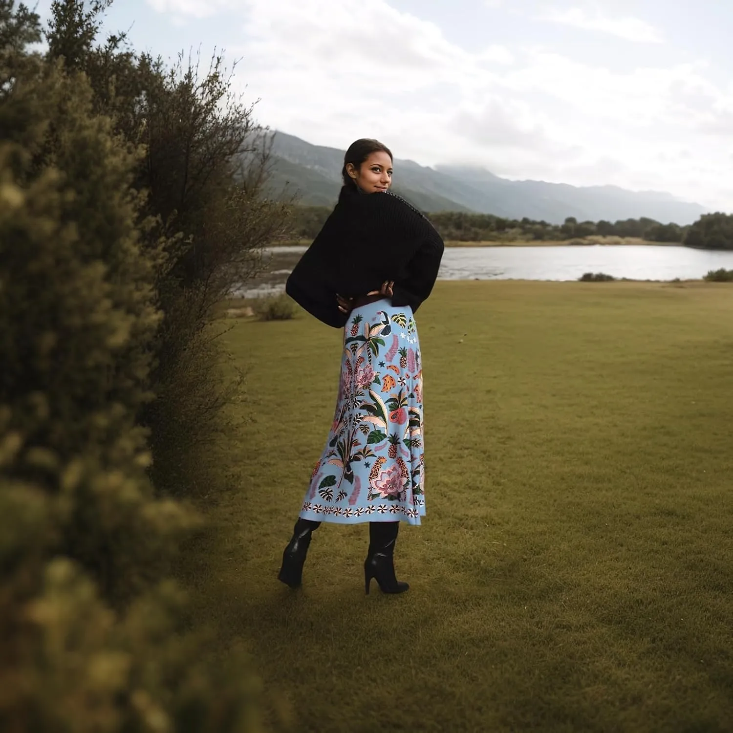 A Line Midi Skirts for Women Floral Satin Boho Wrap Pink High Waist Zipper Spring Summer Skirt