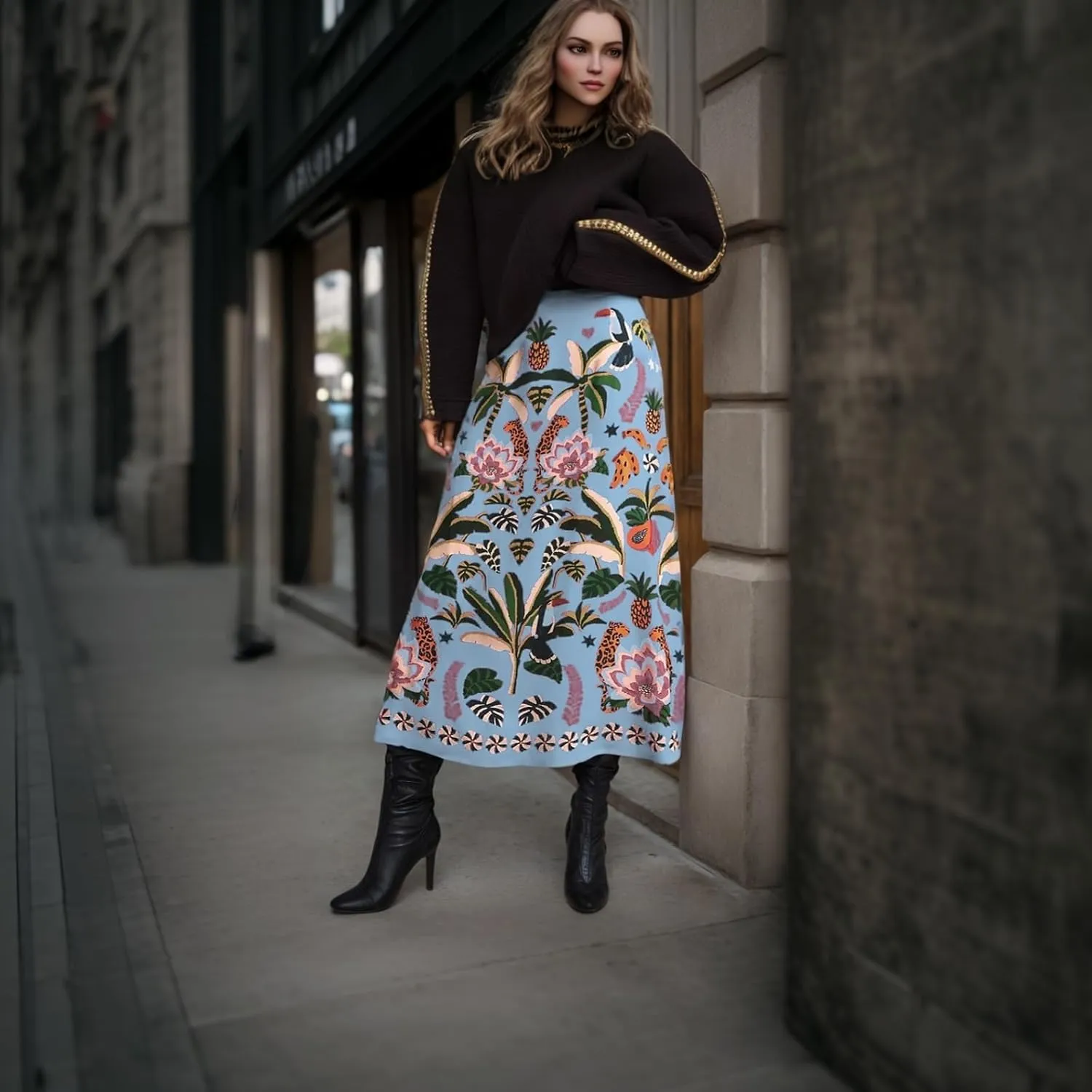 A Line Midi Skirts for Women Floral Satin Boho Wrap Pink High Waist Zipper Spring Summer Skirt