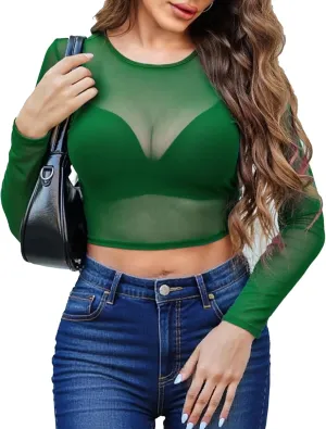 ADOME Mesh Crop Top Sheer Tops for Women See Through Shirt Long Sleeve Basic Crop Top S-4XL