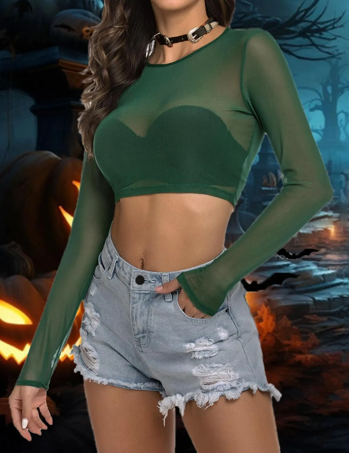 ADOME Mesh Crop Top Sheer Tops for Women See Through Shirt Long Sleeve Basic Crop Top S-4XL