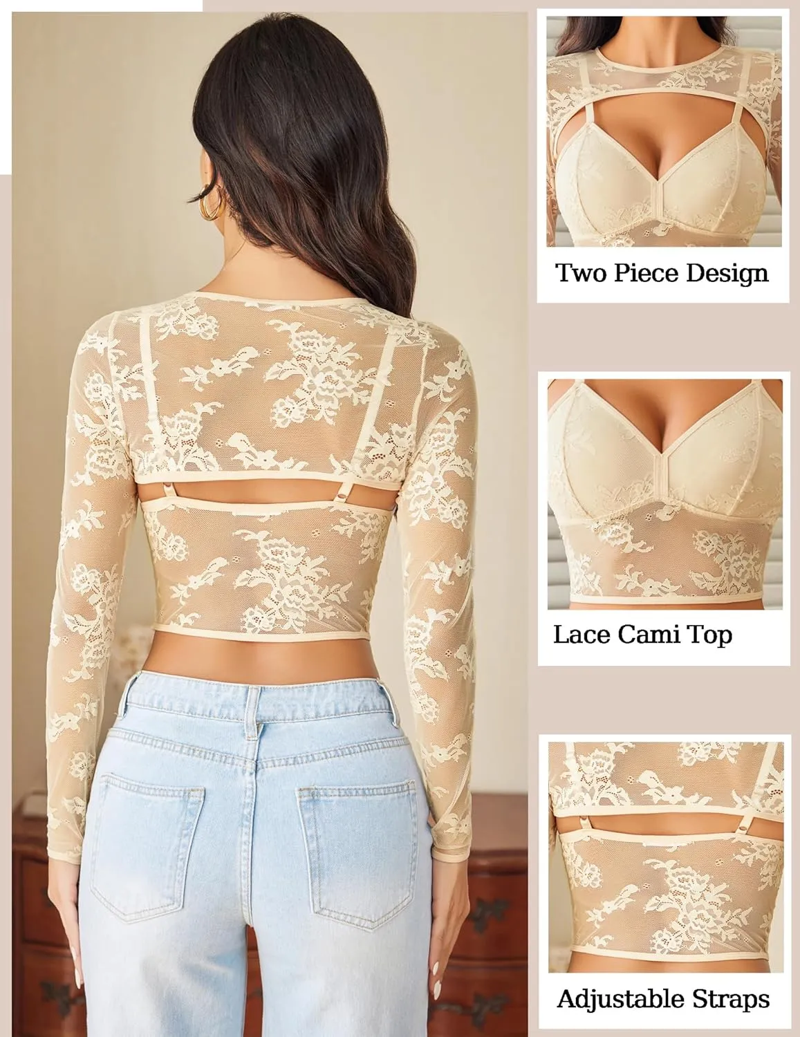 Avidlove Lace Top for Women Long Sleeve Mesh Top 2 Piece Cami Top with Shrug Crew Neck Tops Sheer Blouse See Through Crop Top