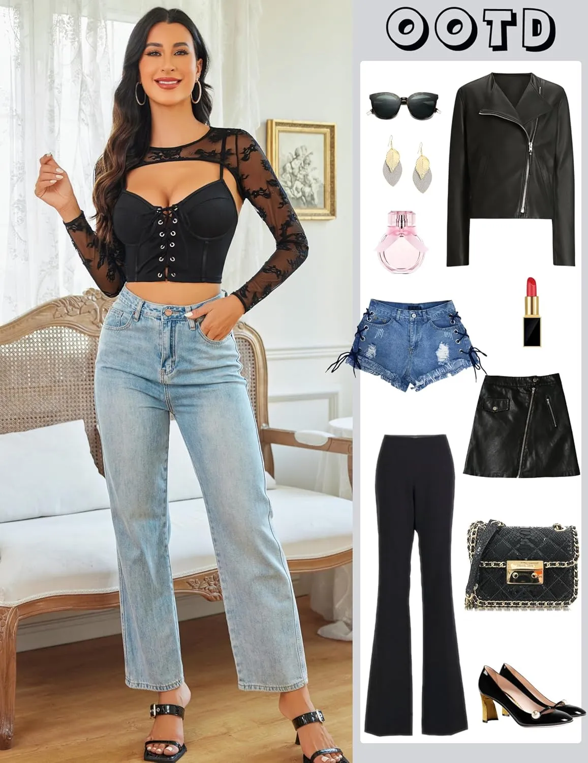 Avidlove Lace Top for Women Long Sleeve Mesh Top 2 Piece Cami Top with Shrug Crew Neck Tops Sheer Blouse See Through Crop Top
