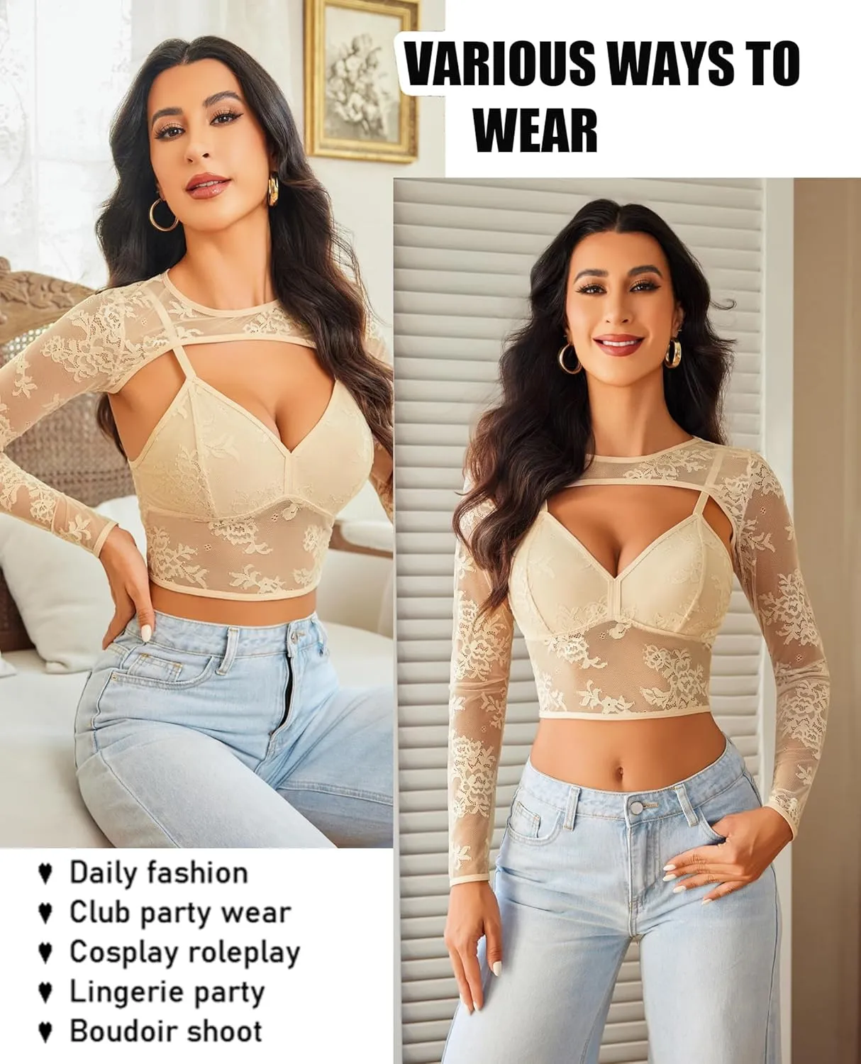 Avidlove Lace Top for Women Long Sleeve Mesh Top 2 Piece Cami Top with Shrug Crew Neck Tops Sheer Blouse See Through Crop Top