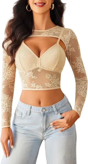 Avidlove Lace Top for Women Long Sleeve Mesh Top 2 Piece Cami Top with Shrug Crew Neck Tops Sheer Blouse See Through Crop Top