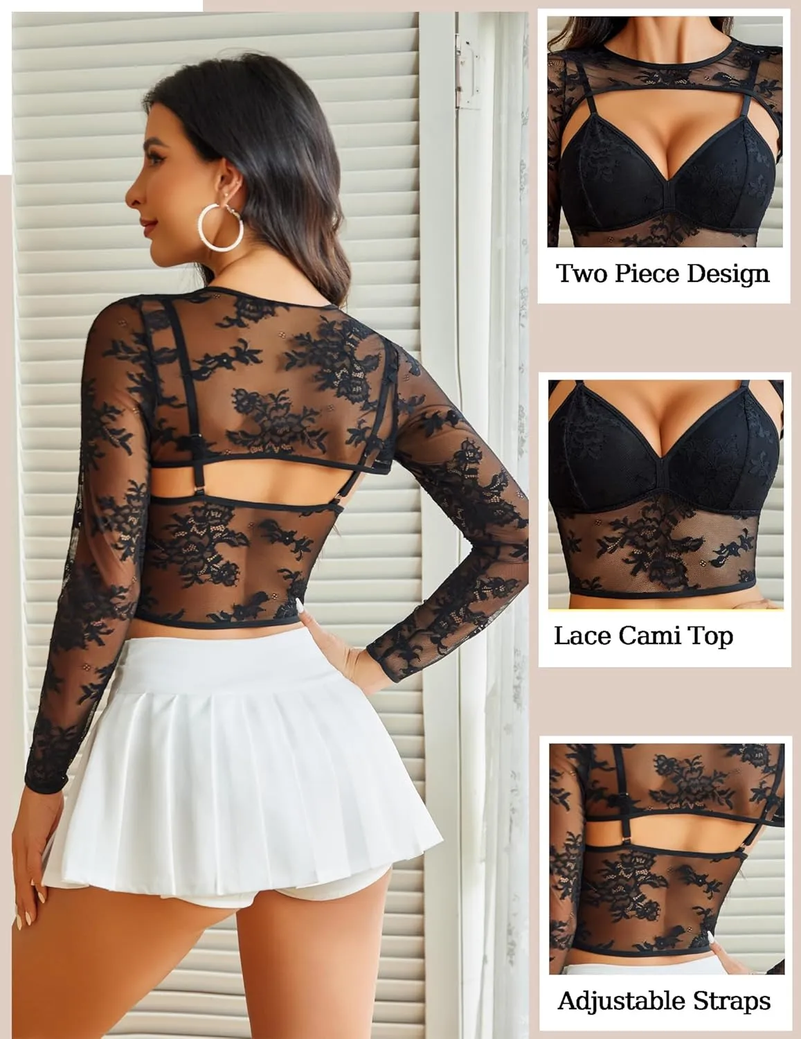 Avidlove Lace Top for Women Long Sleeve Mesh Top 2 Piece Cami Top with Shrug Crew Neck Tops Sheer Blouse See Through Crop Top