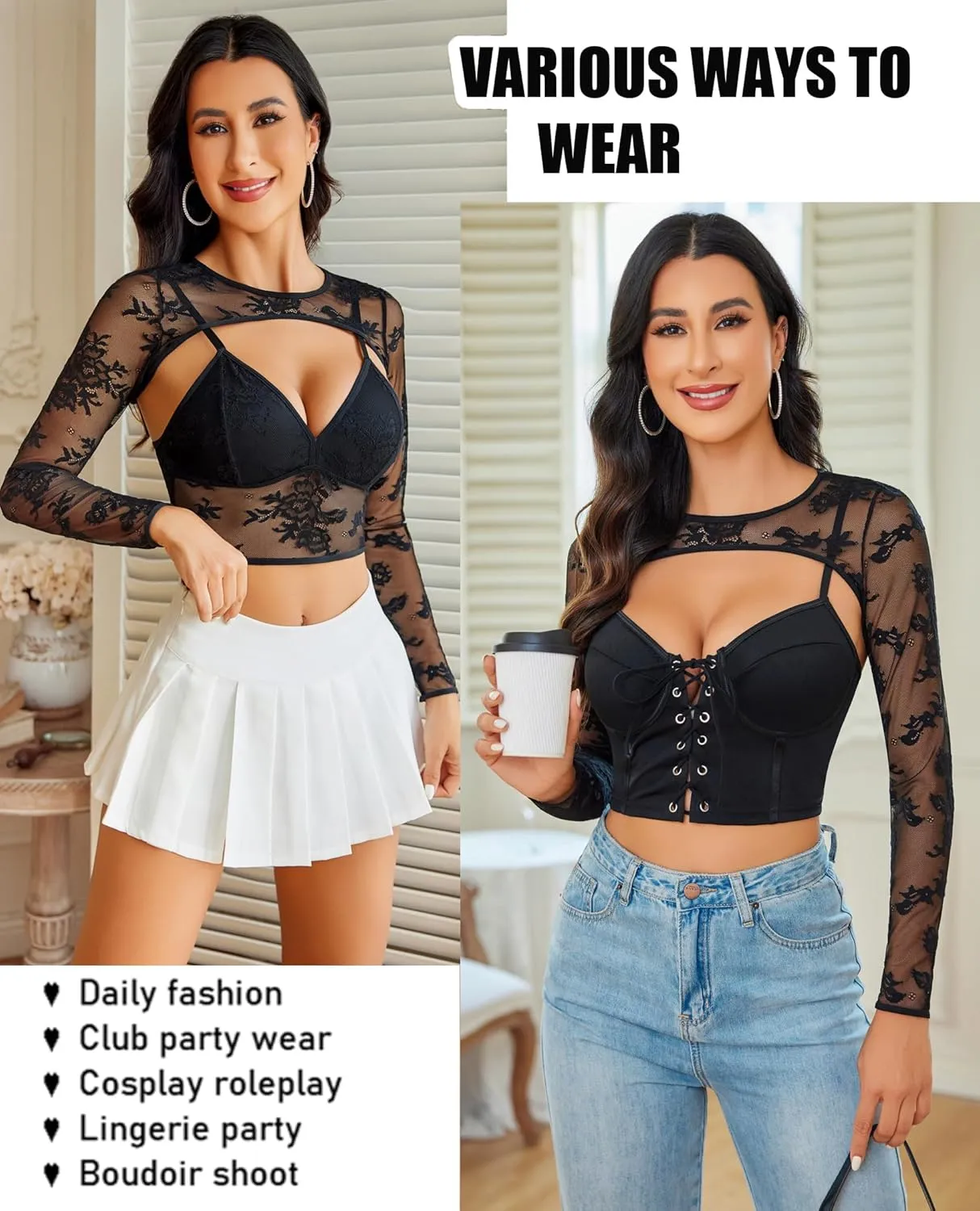 Avidlove Lace Top for Women Long Sleeve Mesh Top 2 Piece Cami Top with Shrug Crew Neck Tops Sheer Blouse See Through Crop Top