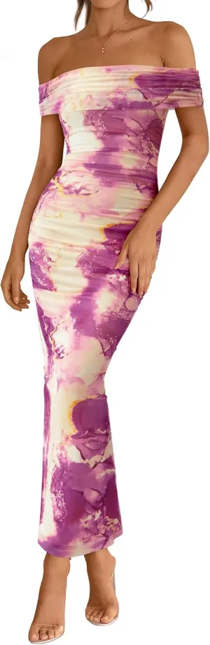 BTFBM Cocktail Dresses for Women 2025 Summer Off Shoulder Bodycon Ruched Mesh Back Slit Elegant Floral Maxi Dress