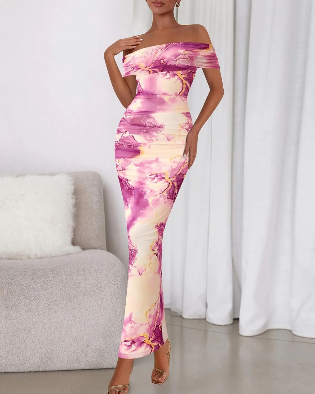 BTFBM Cocktail Dresses for Women 2025 Summer Off Shoulder Bodycon Ruched Mesh Back Slit Elegant Floral Maxi Dress