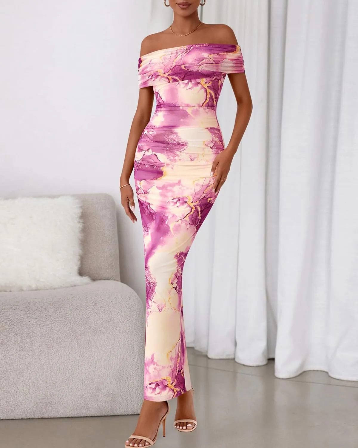 BTFBM Cocktail Dresses for Women 2025 Summer Off Shoulder Bodycon Ruched Mesh Back Slit Elegant Floral Maxi Dress