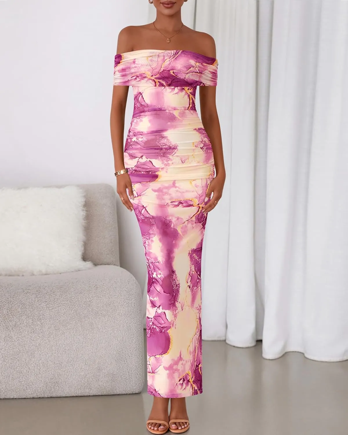 BTFBM Cocktail Dresses for Women 2025 Summer Off Shoulder Bodycon Ruched Mesh Back Slit Elegant Floral Maxi Dress