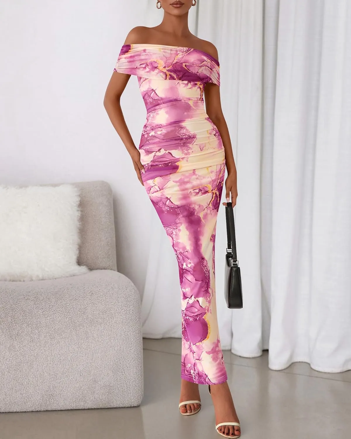 BTFBM Cocktail Dresses for Women 2025 Summer Off Shoulder Bodycon Ruched Mesh Back Slit Elegant Floral Maxi Dress