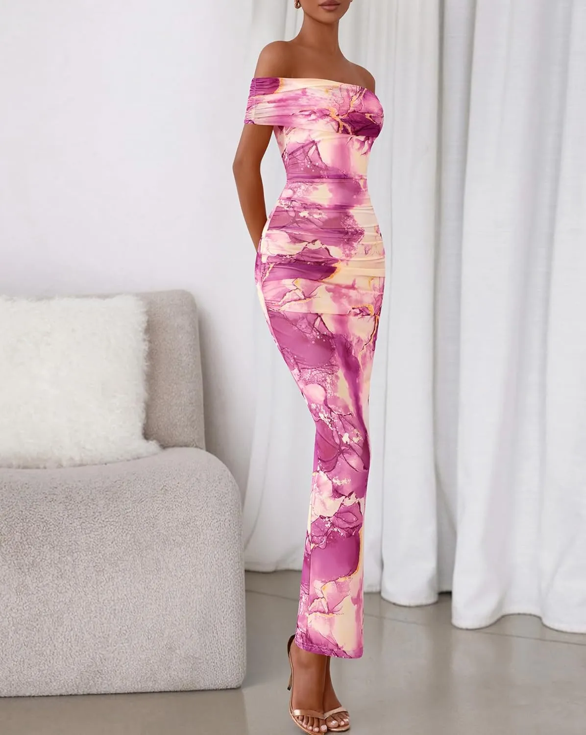 BTFBM Cocktail Dresses for Women 2025 Summer Off Shoulder Bodycon Ruched Mesh Back Slit Elegant Floral Maxi Dress