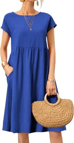 Cotton Dresses for Women Summer Short Sleeve T-Shirt Dress Casual Loose Fit Crewneck Midi Dresses with Pockets