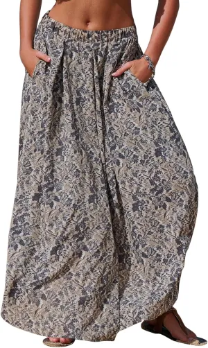 EXLURA Womens Elastic High Waist Flared Maxi Skirts Floral Swing Midi Skirt Casual Summer Long Skirt Beach Vacation Resort