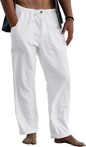 FANARCHER Mens Cotton Linen Pants Drawstring Loose Beach Pants with Pockets