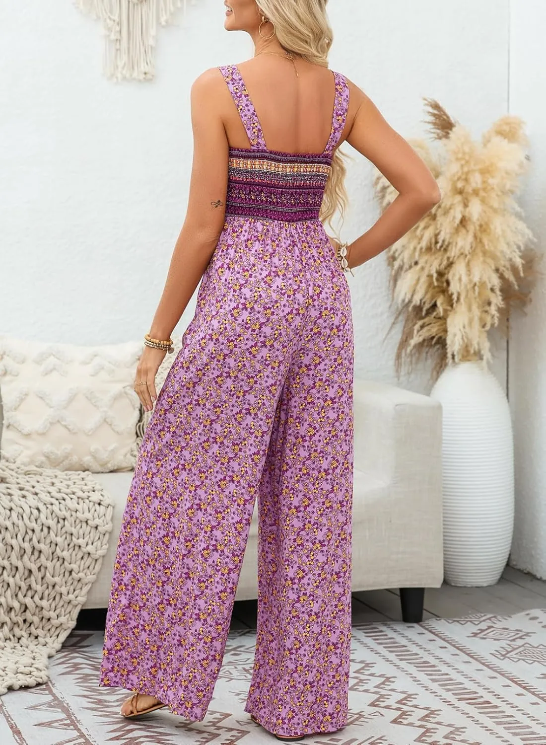 Happy Sailed Jumpsuits for Women Summer Casual Floral Print Sleeveless Jumpsuit High Waist Wide Leg Pants Romper with Pockets
