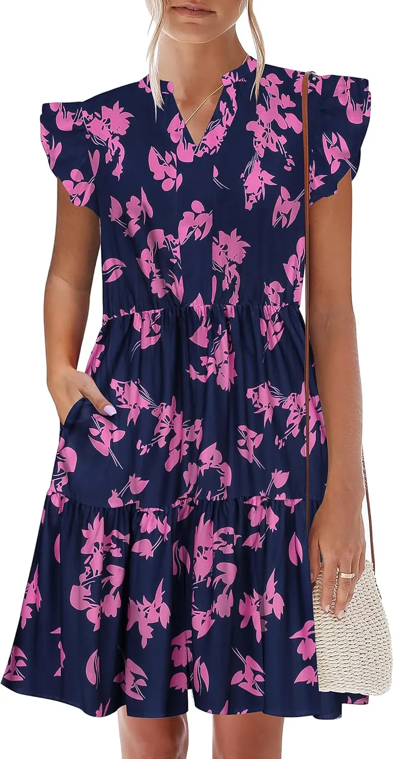 HOTOUCH Women Printed Dress for Summer Short Ruffle Sleeve Dress Tiered Mini Dress with Pockets