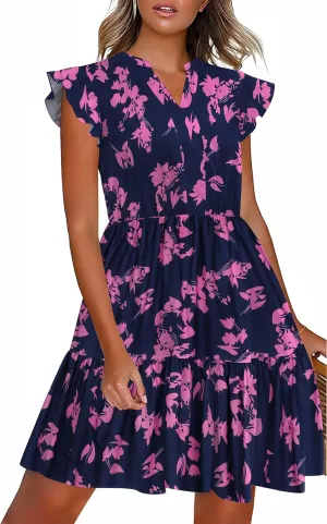 HOTOUCH Women Printed Dress for Summer Short Ruffle Sleeve Dress Tiered Mini Dress with Pockets