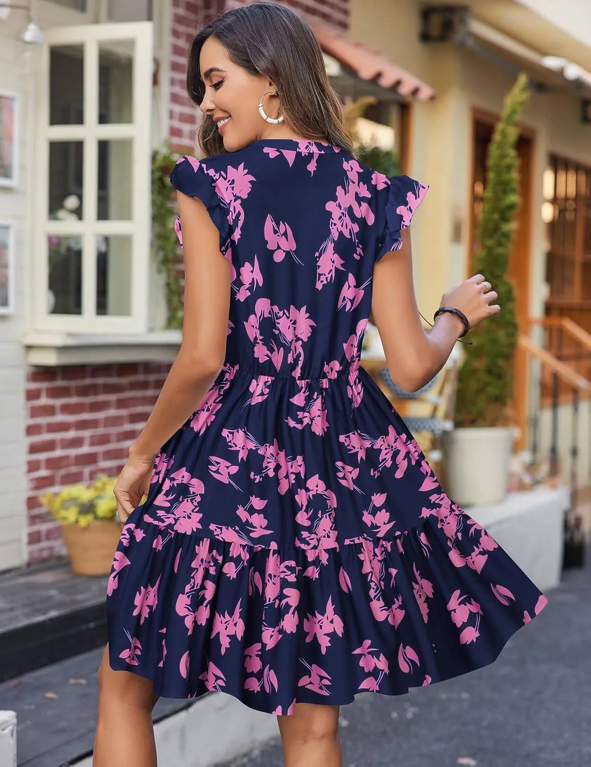 HOTOUCH Women Printed Dress for Summer Short Ruffle Sleeve Dress Tiered Mini Dress with Pockets