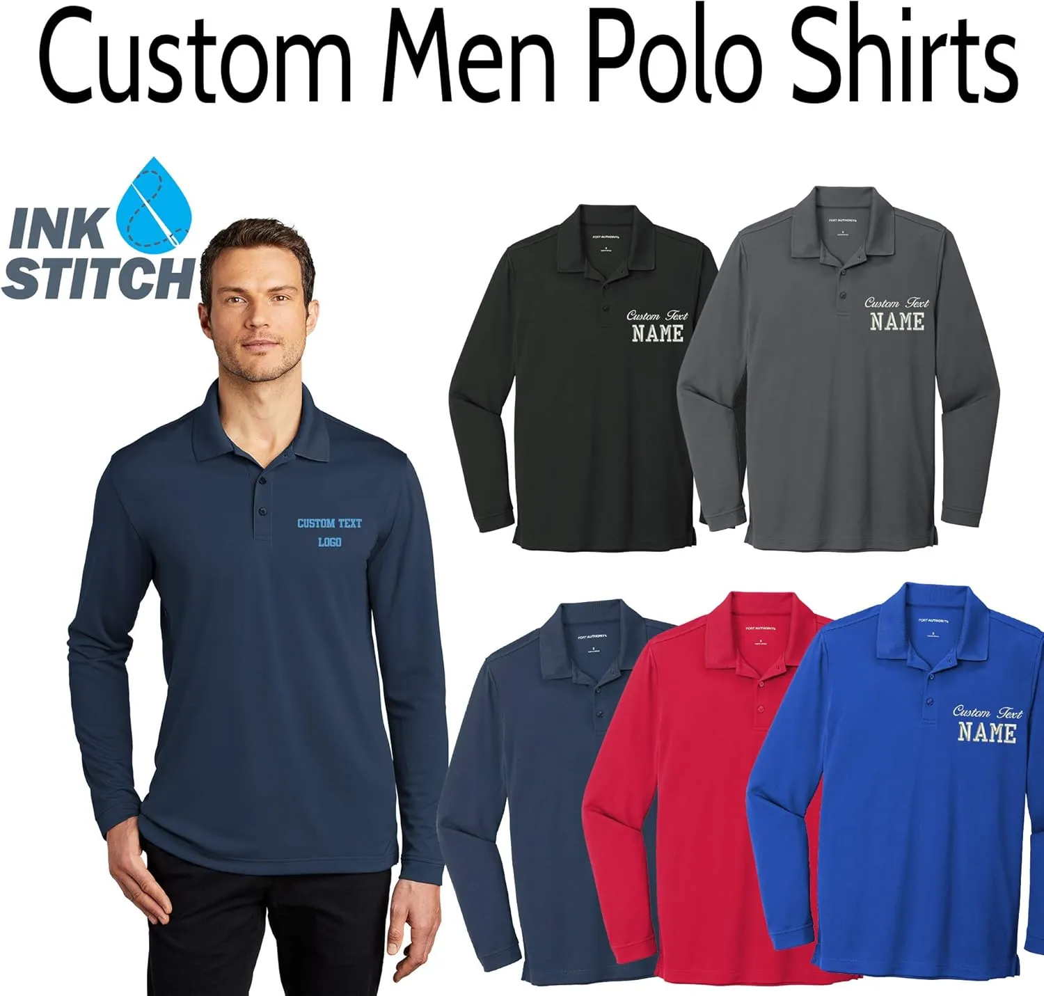 INK STITCH Custom Embroidery Stitching K110LS Men Long Sleeve Polo Shirts - 6 Colors