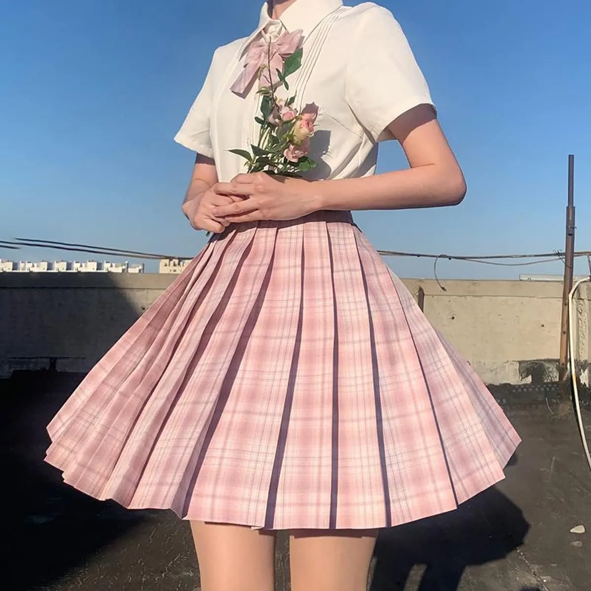 Japanese Pleated Skirt Mini Skirt Women's Summer Plaid Skirt high Waist White Pink Skirt A-Line Uniform Mini Skirt
