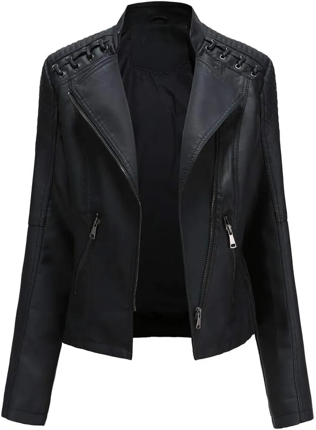Julymens Women's Faux Leather Motorcycle Jacket Fashion Slim Fit Short Biker Coat