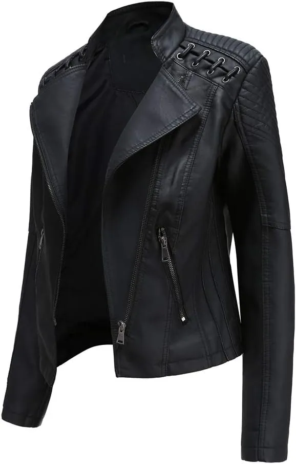 Julymens Women's Faux Leather Motorcycle Jacket Fashion Slim Fit Short Biker Coat
