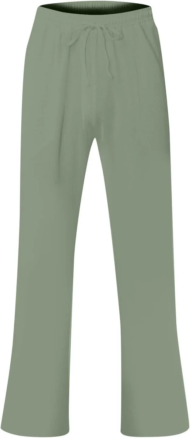 Linen Pants Men Loose Fit Summer Drawstring High Waisted Beach Pants Lightweight Straight Leg Trousers with Pockets