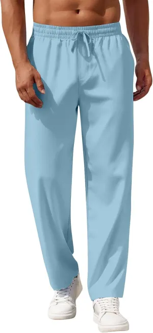 Linen Pants Men Loose Fit Summer Drawstring High Waisted Beach Pants Lightweight Straight Leg Trousers with Pockets