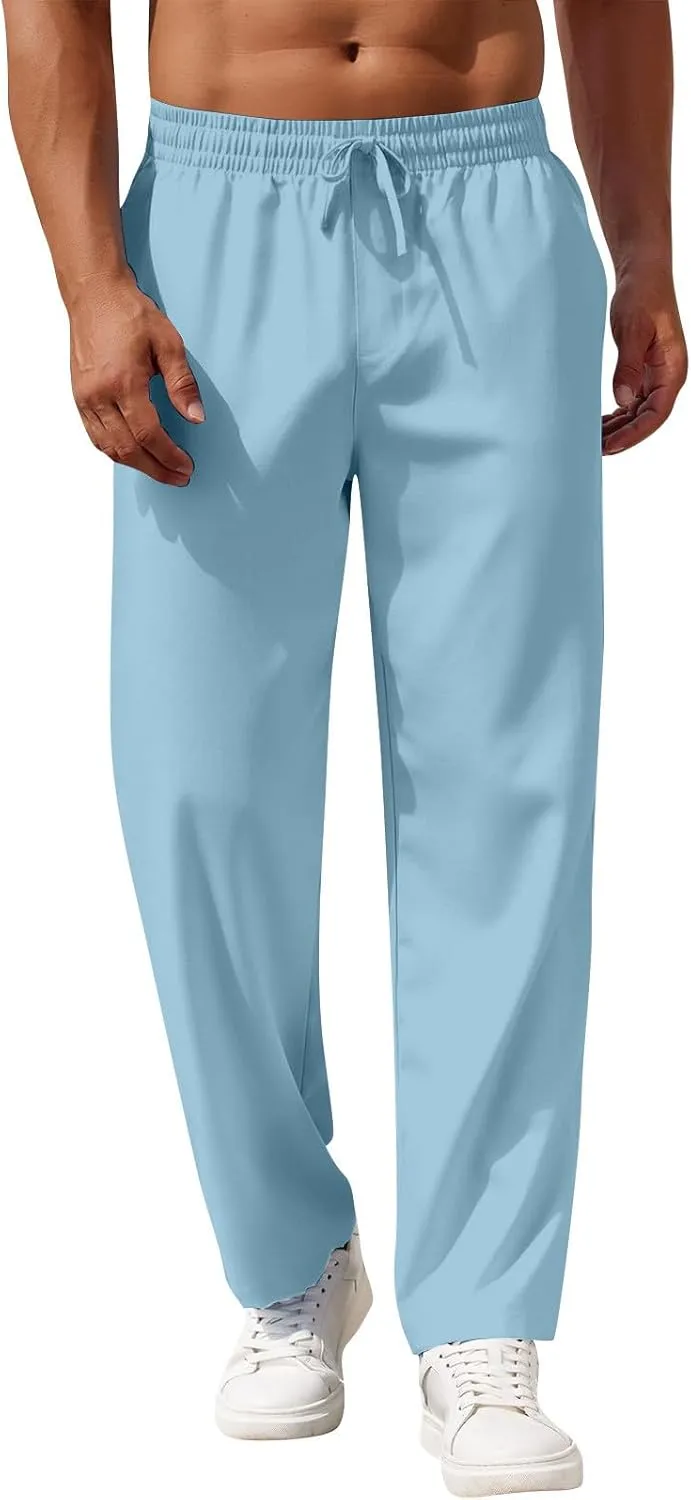 Linen Pants Men Loose Fit Summer Drawstring High Waisted Beach Pants Lightweight Straight Leg Trousers with Pockets