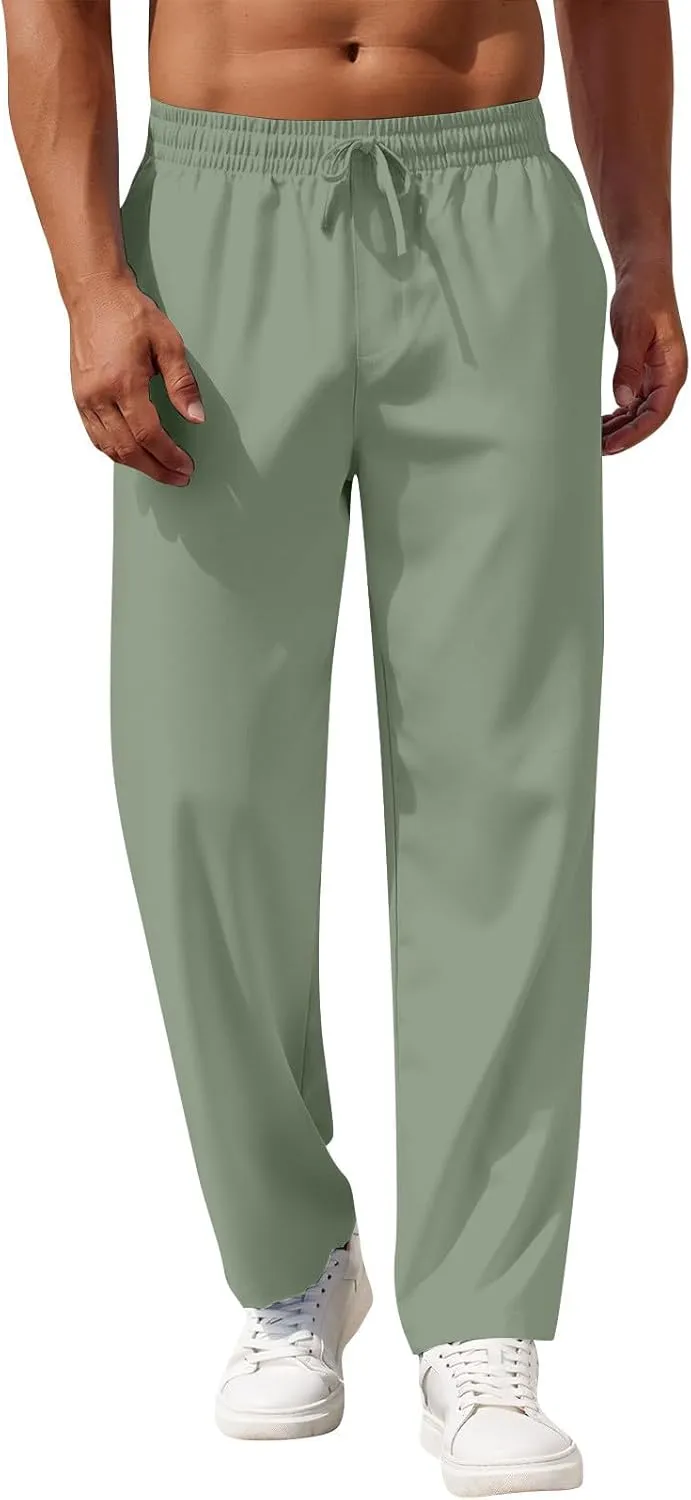 Linen Pants Men Loose Fit Summer Drawstring High Waisted Beach Pants Lightweight Straight Leg Trousers with Pockets
