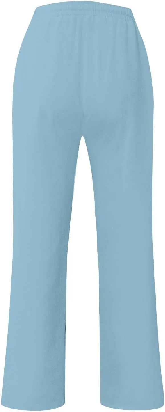 Linen Pants Men Loose Fit Summer Drawstring High Waisted Beach Pants Lightweight Straight Leg Trousers with Pockets