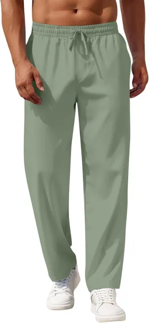 Linen Pants Men Loose Fit Summer Drawstring High Waisted Beach Pants Lightweight Straight Leg Trousers with Pockets