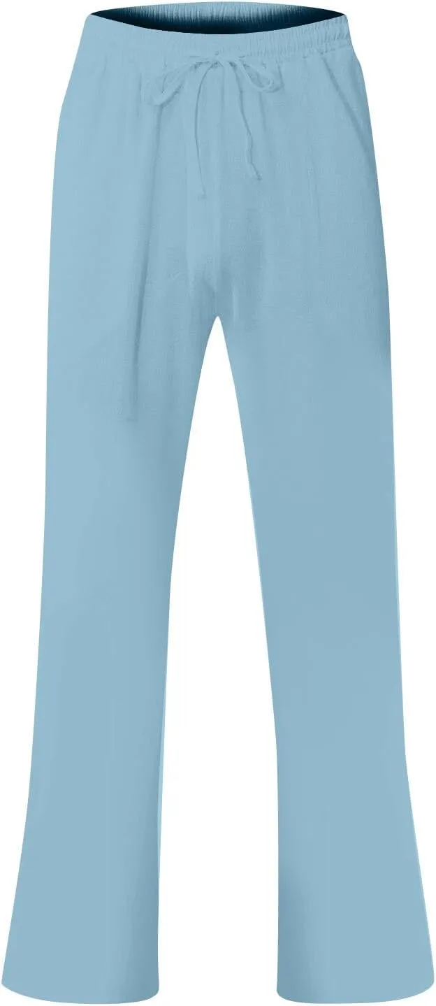 Linen Pants Men Loose Fit Summer Drawstring High Waisted Beach Pants Lightweight Straight Leg Trousers with Pockets