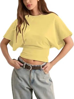 Lumister Shirts for Womens Crewneck Tighten Waist T-Shirt Casual Short Sleeve Workout Tops Solid Color Basic Tees