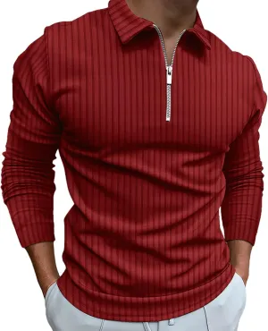 Men's Long Sleeve Polo Shirt Zip Neck Business Casual Tops Ribbed Workout Tee Shirts