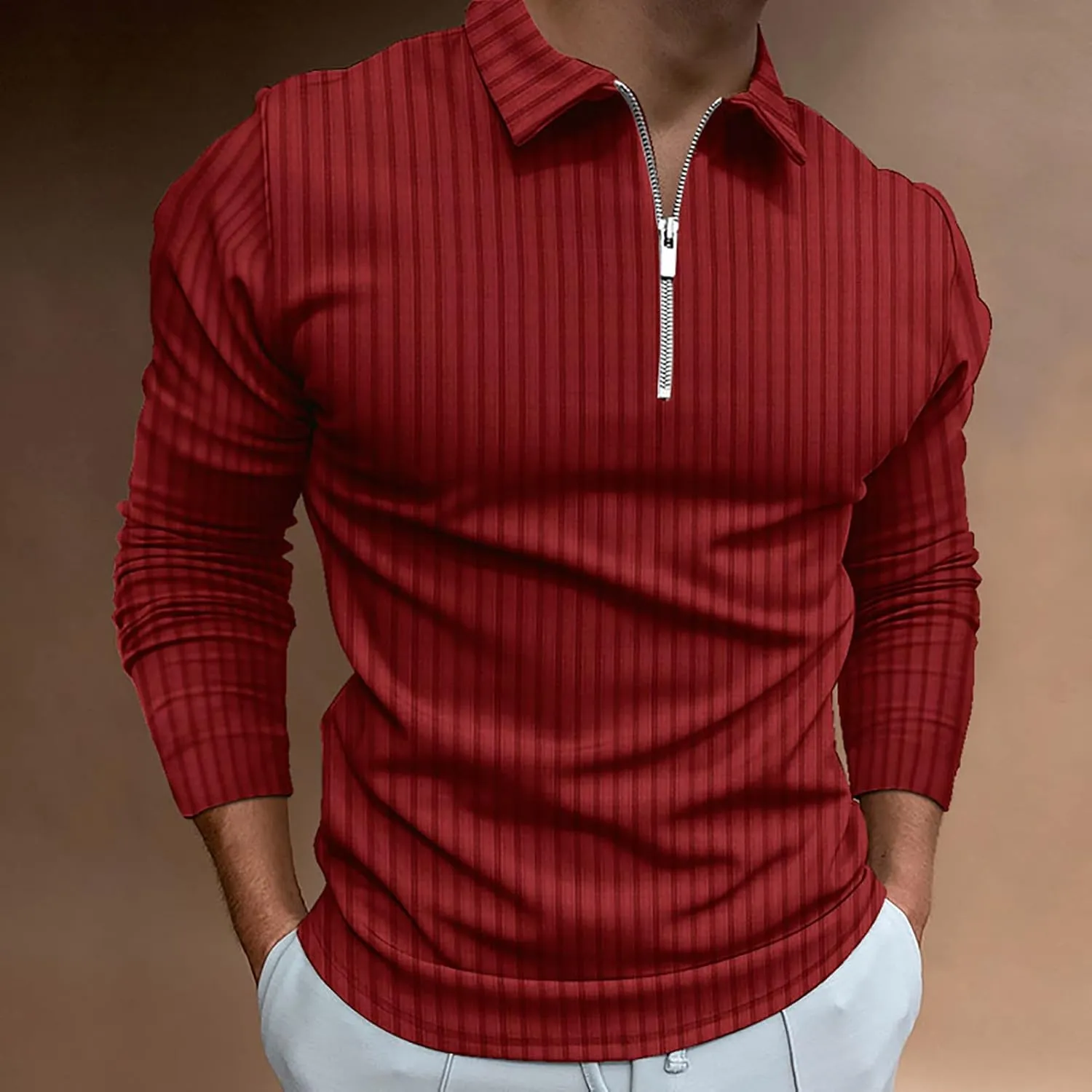 Men's Long Sleeve Polo Shirt Zip Neck Business Casual Tops Ribbed Workout Tee Shirts