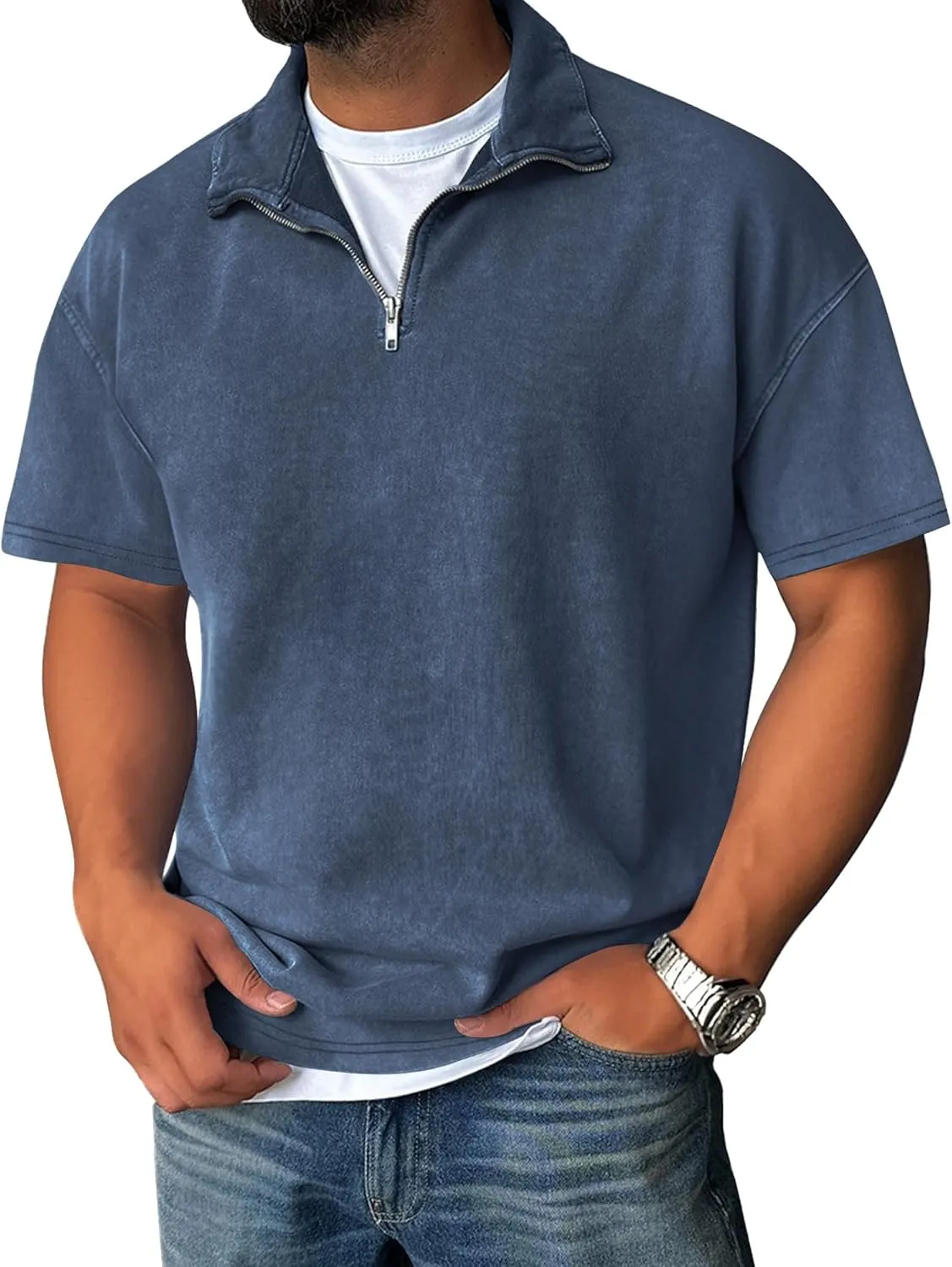 Men's Zipper Polo Shirts Short Sleeve Distressed Washed Cotton T Shirt Solid Casual Summer Tee Tops