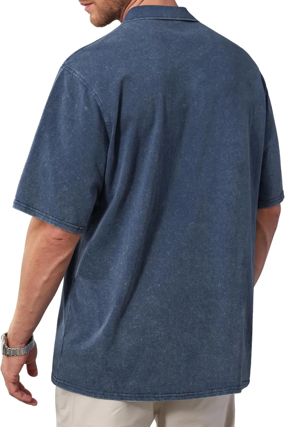 Men's Zipper Polo Shirts Short Sleeve Distressed Washed Cotton T Shirt Solid Casual Summer Tee Tops