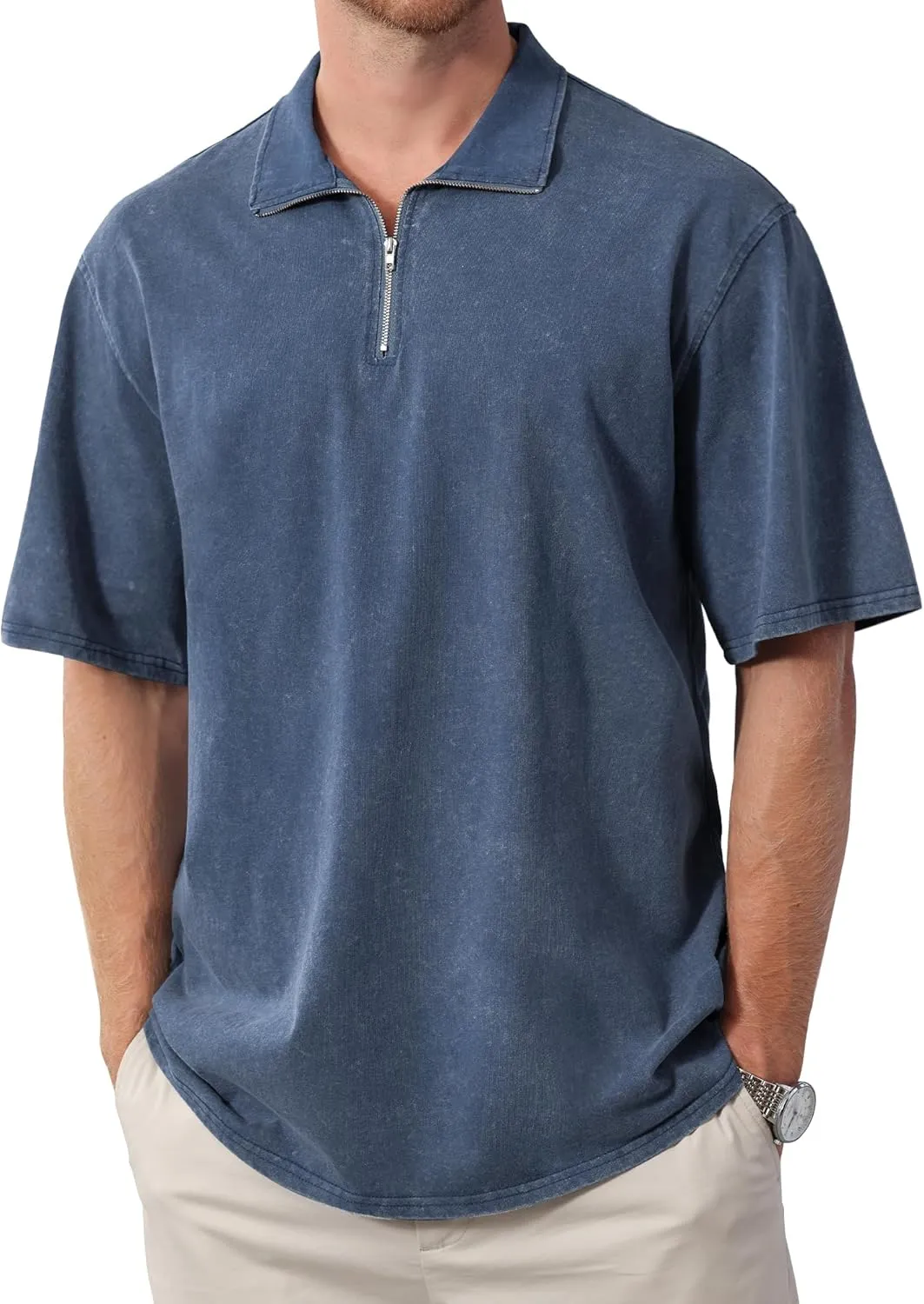 Men's Zipper Polo Shirts Short Sleeve Distressed Washed Cotton T Shirt Solid Casual Summer Tee Tops