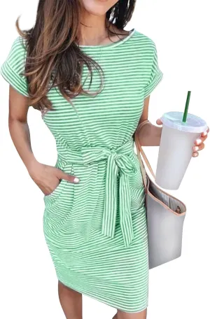 midelxp T Shirt Dresses for Women 2024 Trendy Tie Waist Striped Dress with Pockets Casual Crewneck Short Sleeve Midi Dress
