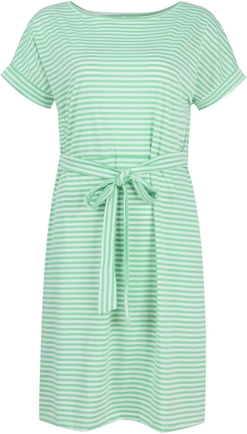 midelxp T Shirt Dresses for Women 2024 Trendy Tie Waist Striped Dress with Pockets Casual Crewneck Short Sleeve Midi Dress