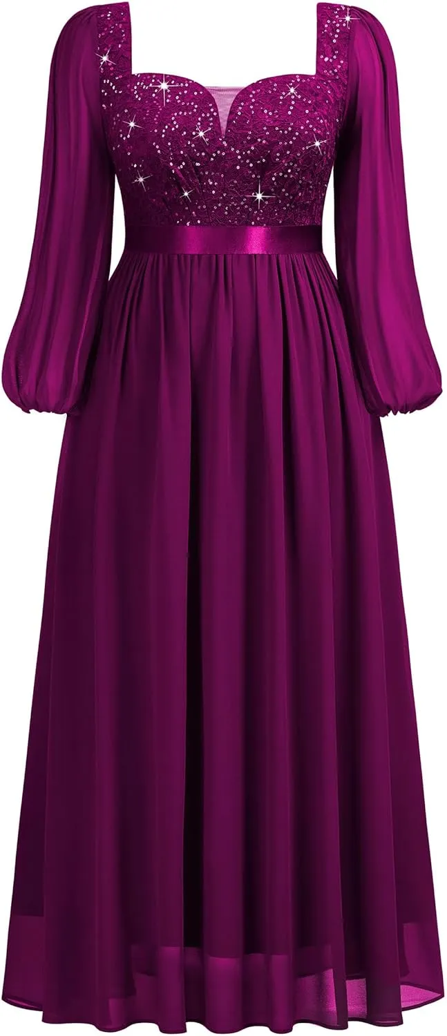 MISSMAY Women's Plus Size Sequin Lace Square V Neck Sheer Long Sleeves Formal Evening Chiffon Long Dress