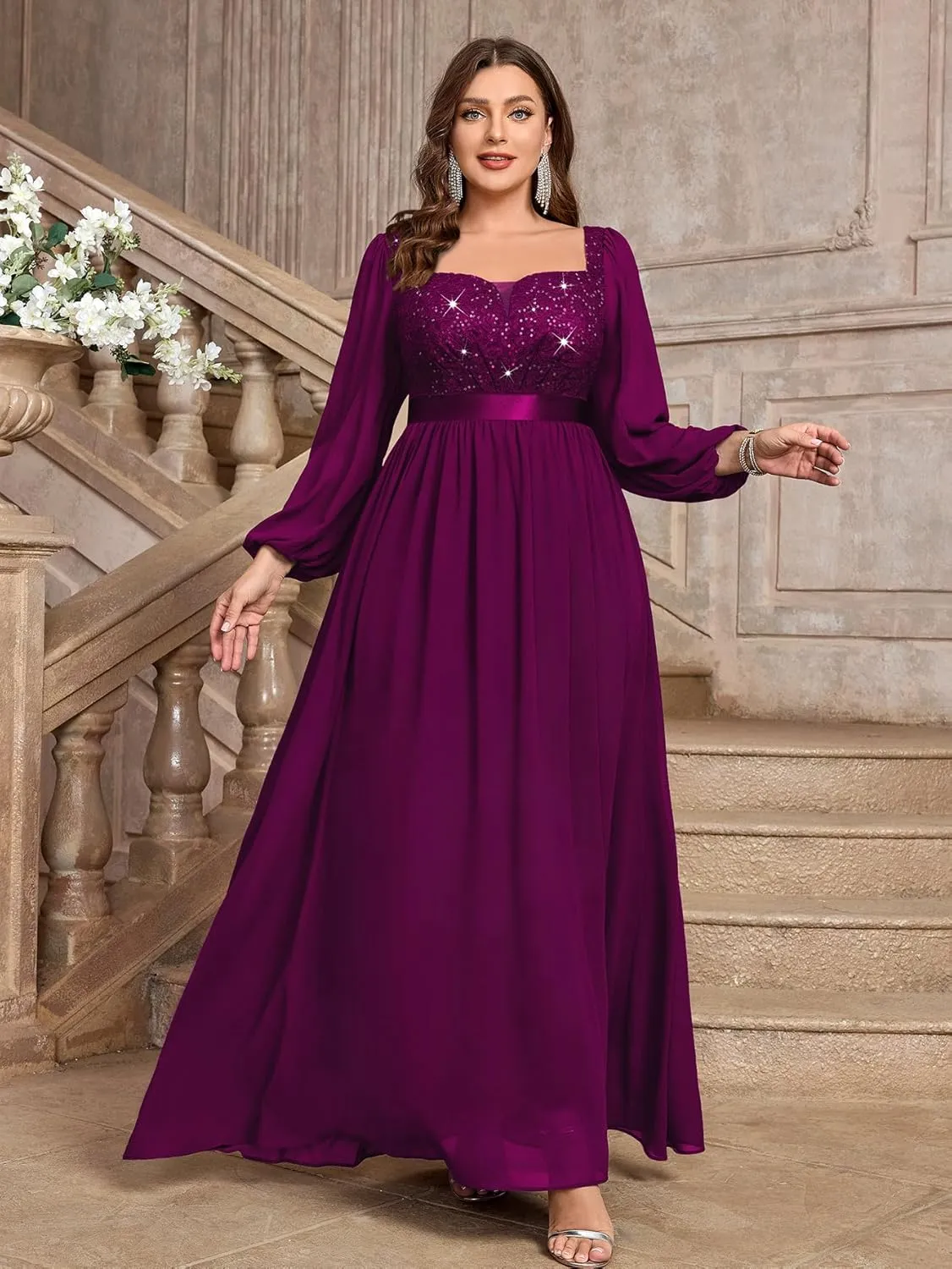 MISSMAY Women's Plus Size Sequin Lace Square V Neck Sheer Long Sleeves Formal Evening Chiffon Long Dress