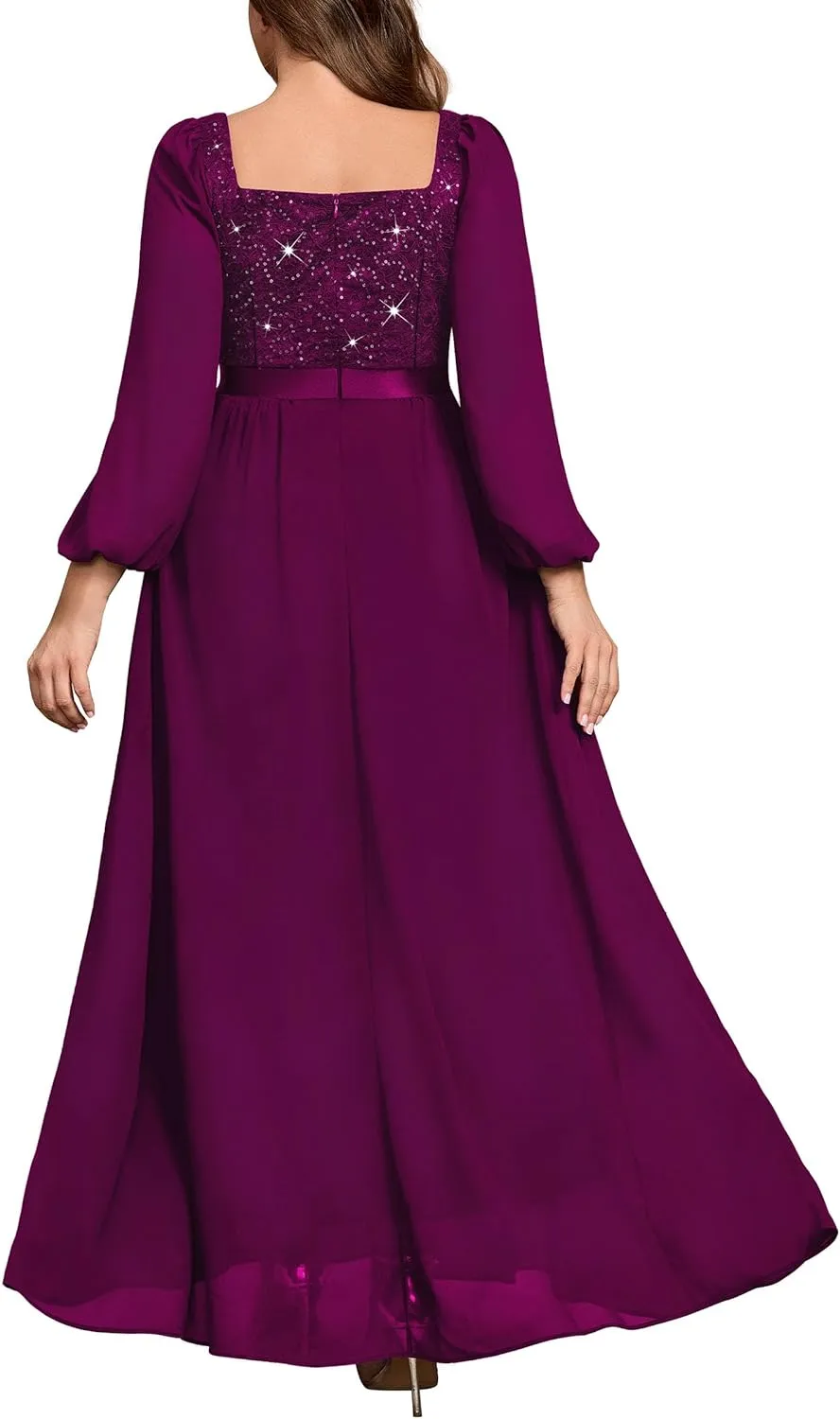 MISSMAY Women's Plus Size Sequin Lace Square V Neck Sheer Long Sleeves Formal Evening Chiffon Long Dress