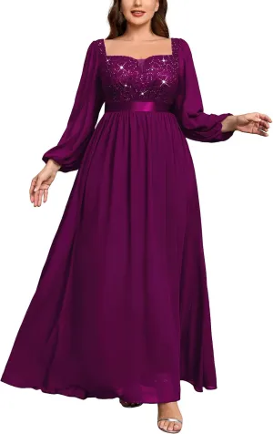 MISSMAY Women's Plus Size Sequin Lace Square V Neck Sheer Long Sleeves Formal Evening Chiffon Long Dress
