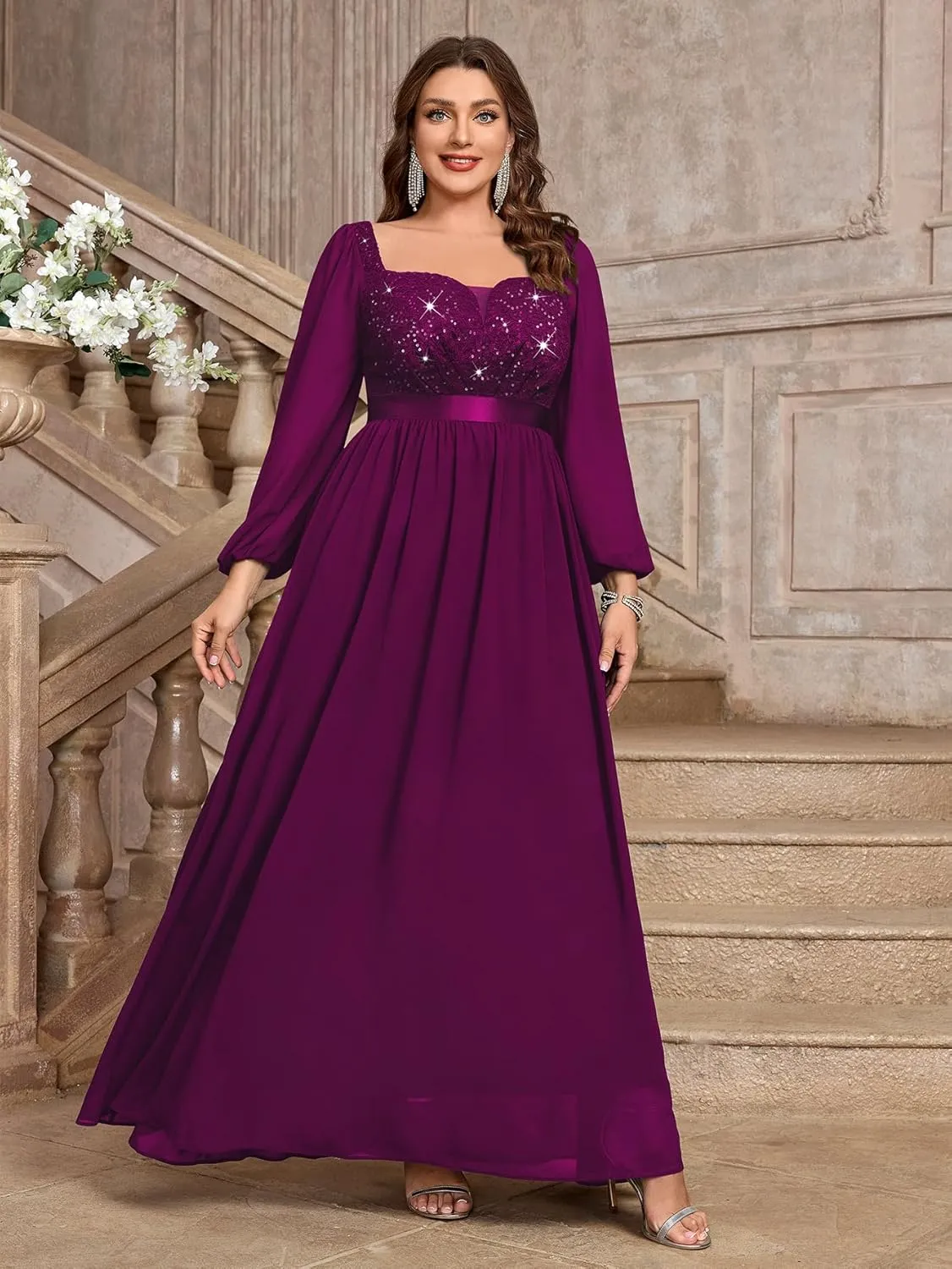 MISSMAY Women's Plus Size Sequin Lace Square V Neck Sheer Long Sleeves Formal Evening Chiffon Long Dress