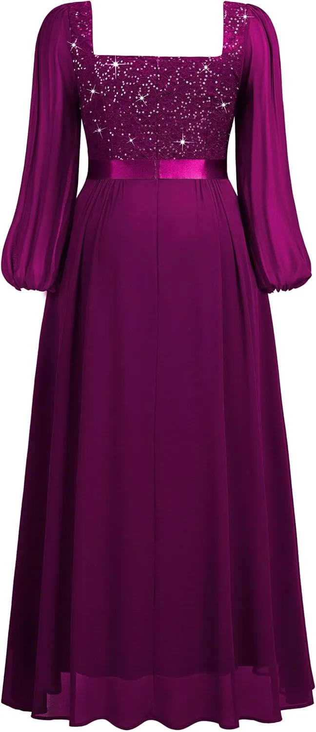 MISSMAY Women's Plus Size Sequin Lace Square V Neck Sheer Long Sleeves Formal Evening Chiffon Long Dress