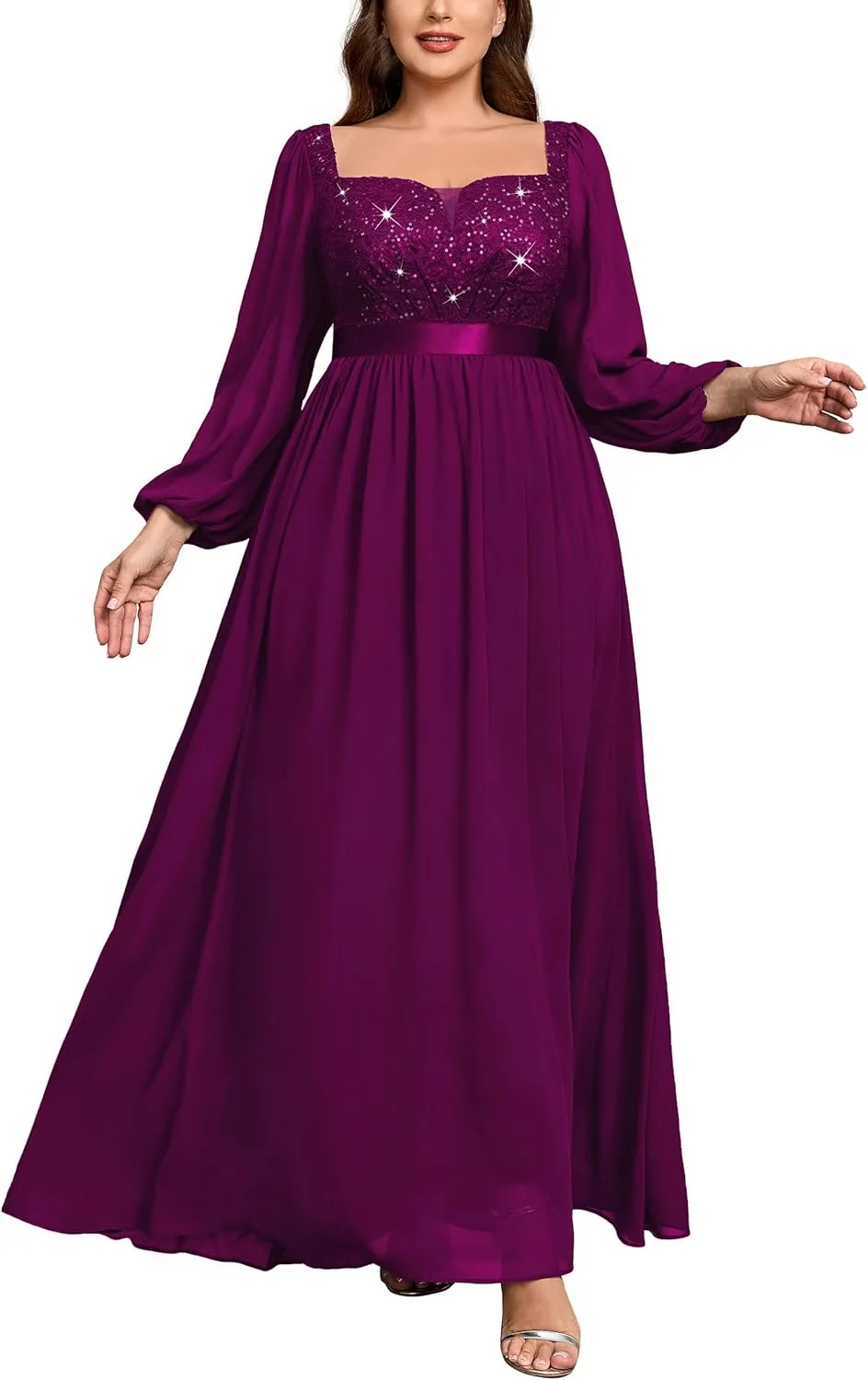 MISSMAY Women's Plus Size Sequin Lace Square V Neck Sheer Long Sleeves Formal Evening Chiffon Long Dress